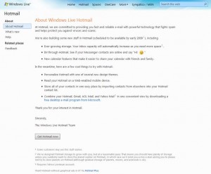 Windows Live Hotmail Wave 3 - About Page Screenshot