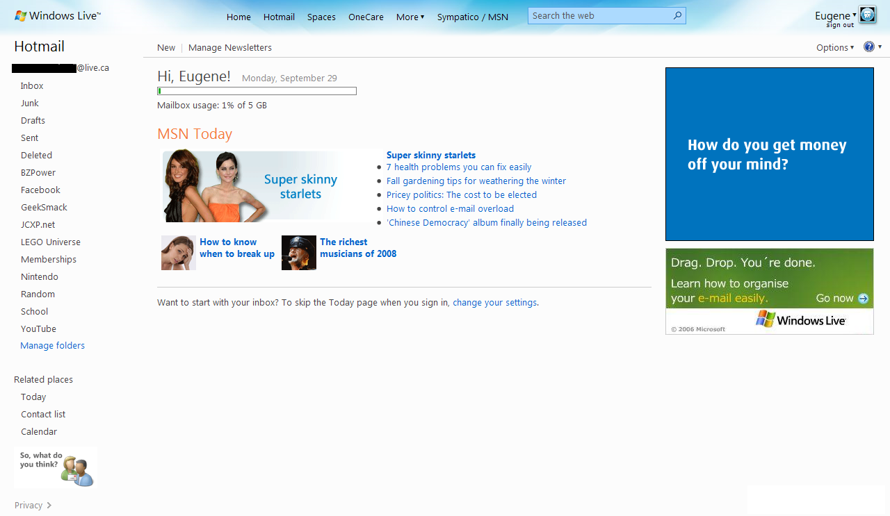 Windows Live Hotmail Wave 3 - Today Page Screenshot Windows Live Hotmail Wave 3 - Today Page Screenshot
